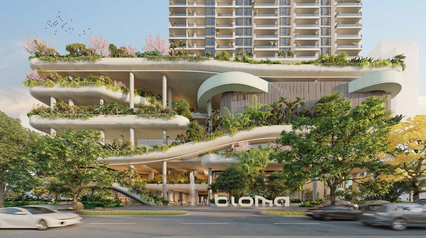 Fachada del edificio Bioma con vegetación